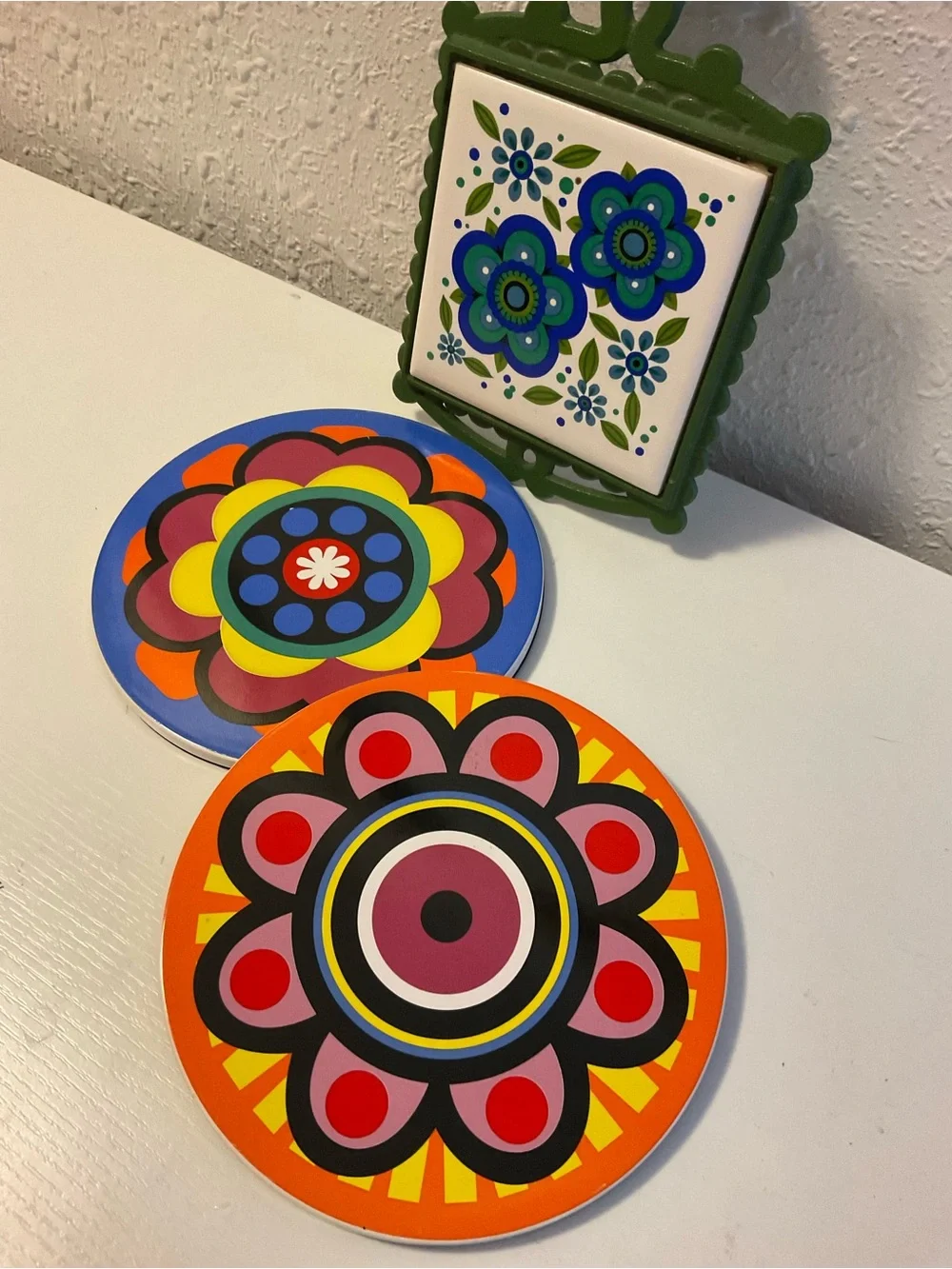 Set of 3 Vintage Japan Cast Iron Tile Trivet Wall Hanging Daisies Pansy MCM
